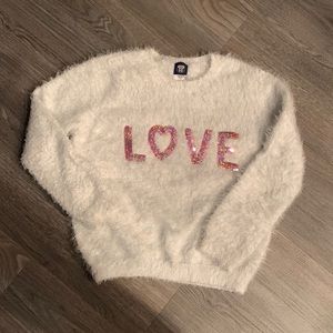 Girls white fuzzy LOVE sweater.